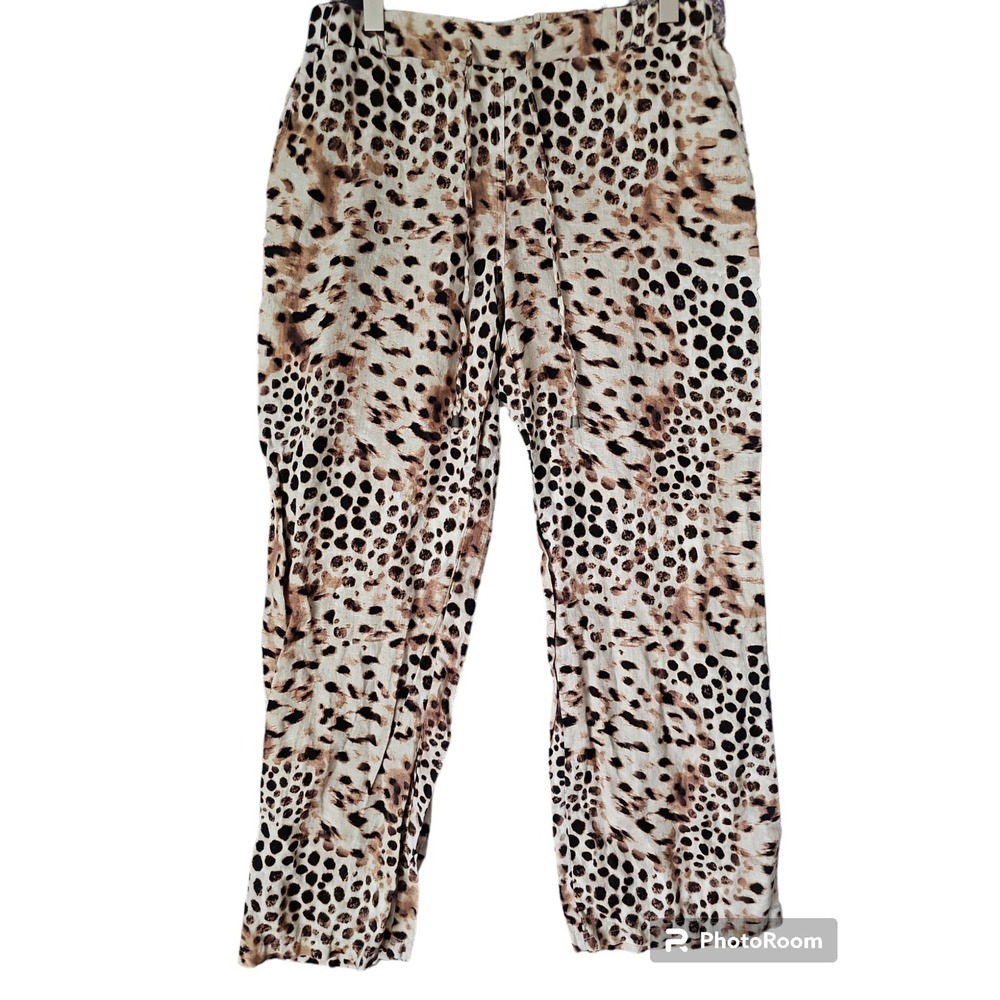 Style & Co Brown Animal Print Women's Size 12 Linen Wide Leg Drawstring Pant
